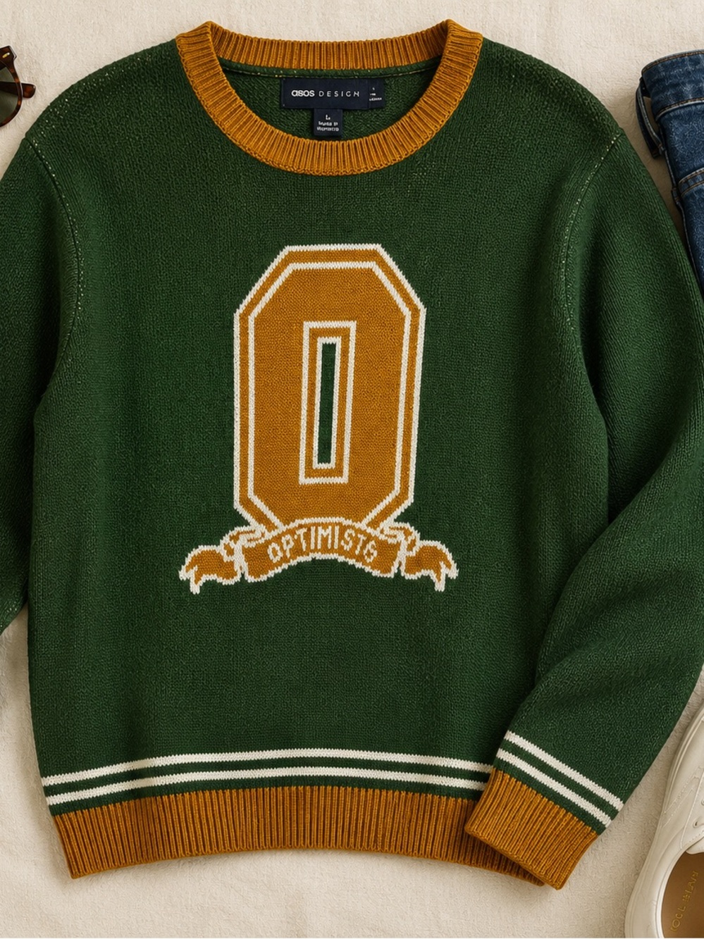 ASOS Design Optimists Green Varsity Knit Sweater Men’s Large Graphic Crewneck